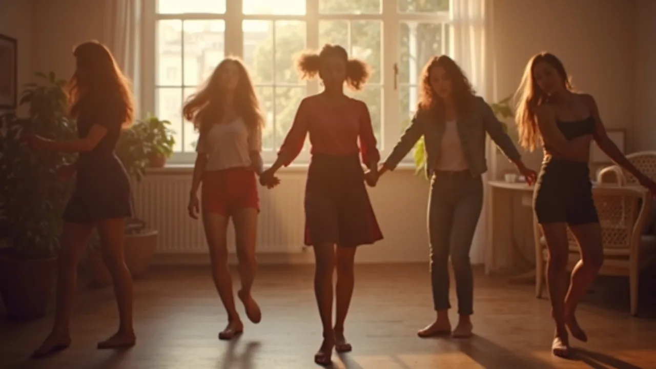 Personne souriante en train de danser dans son salon face à son téléphone