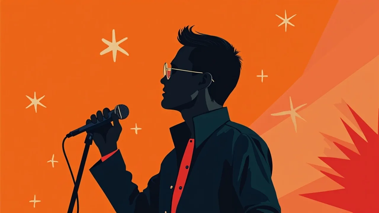 Rappeur au micro dans une salle de concert, lumières en arrière-plan